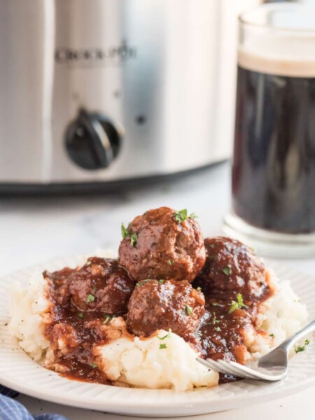 Crockpot Guinness Glazed Meatballs with Mashed Potatoes