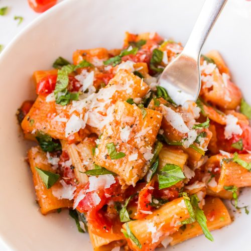 Creamy Tomato Rigatoni in a bowl